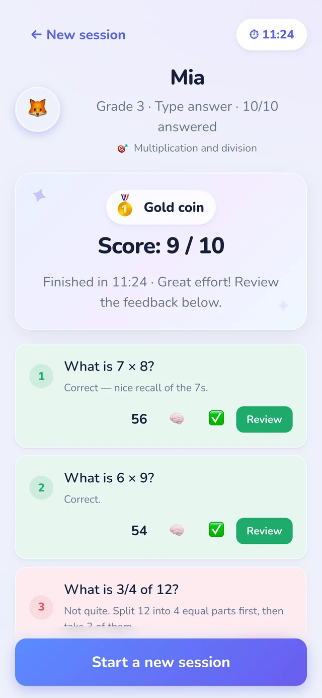 A finished Numi123 session: gold coin, score 9 out of 10, finished in 11:24, with per-problem feedback.