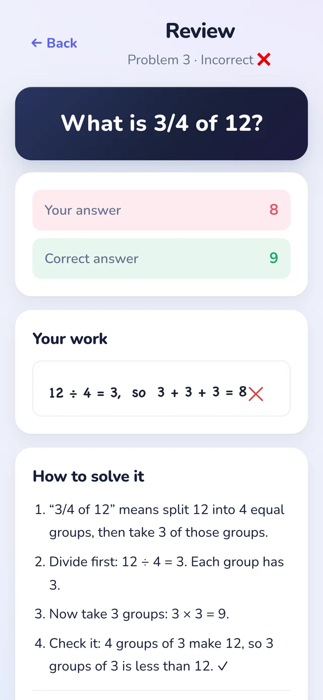 Numi123 review screen: the child's answer of 8, the correct answer 9, their handwritten work, and a numbered step-by-step solution.