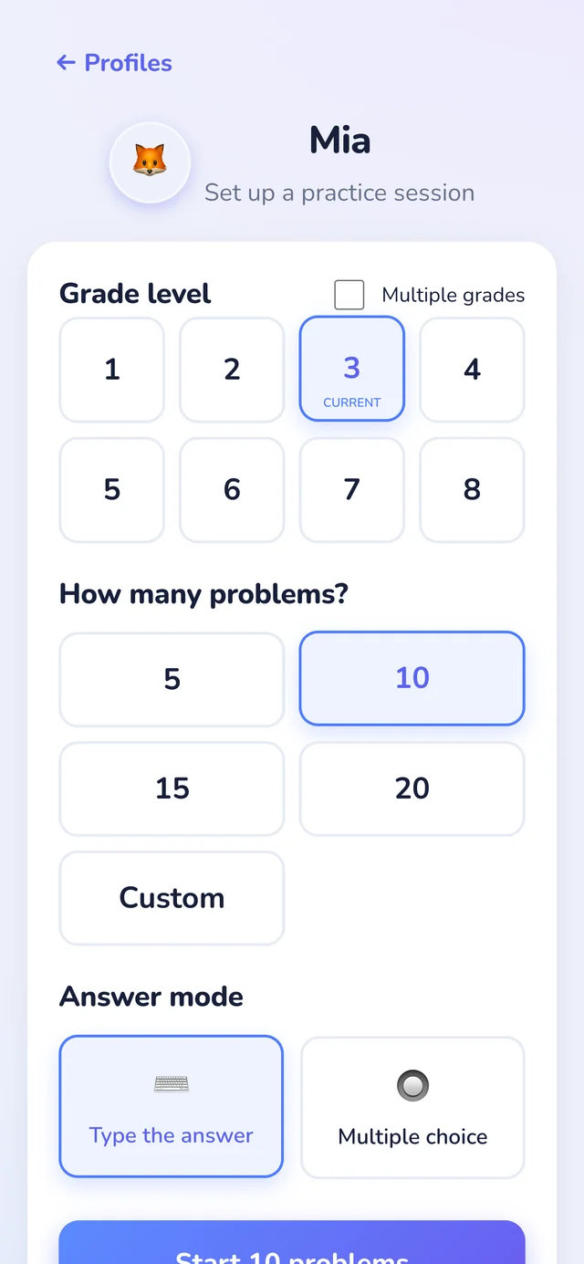 Session setup in Numi123: grade level 1 to 8, number of problems, and answer mode.