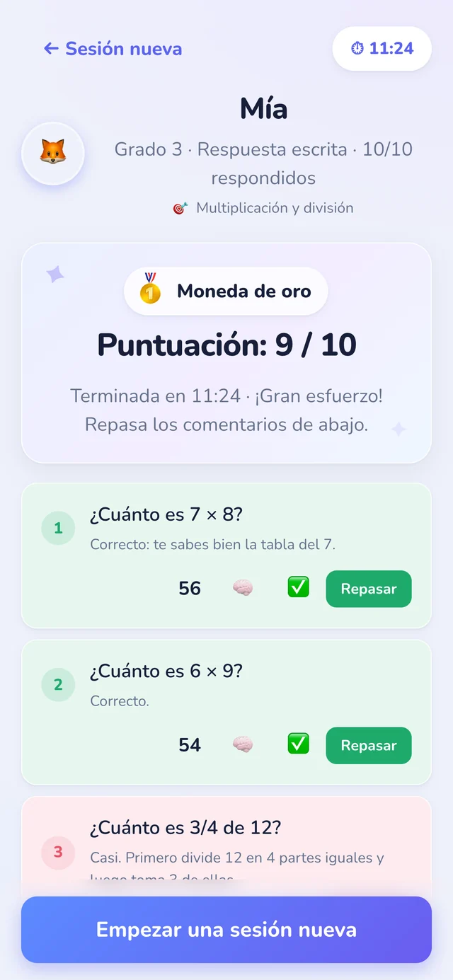 Una sesión terminada en Numi123: moneda de oro, 9 de 10 aciertos, 11:24 de tiempo y comentarios en cada problema.