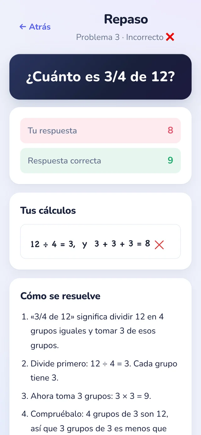 Pantalla de repaso de Numi123: la respuesta del niño (8), la respuesta correcta (9), sus cálculos a mano y una solución numerada paso a paso.