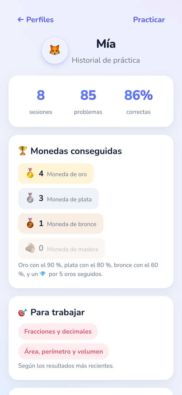 Historial de Numi123: 8 sesiones, 85 problemas, 86 % de aciertos, monedas conseguidas y una lista de lo que hay para trabajar.