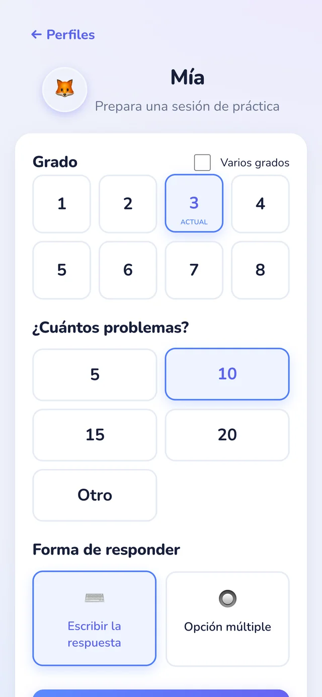Configuración de la sesión en Numi123: grado del 1 al 8, número de problemas y forma de responder.